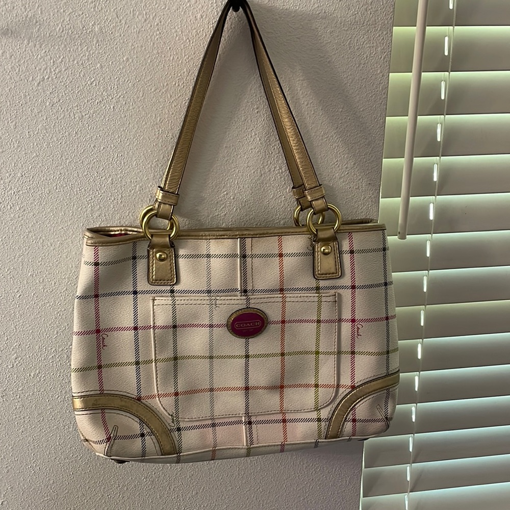 Coach Signature Hampton Shoulder Bag Checkered Leather Trim K1169-F19176